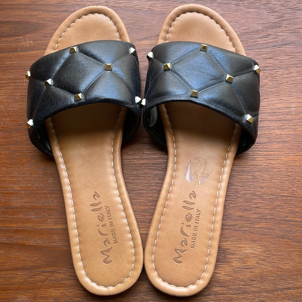 Mariella Black And Gold Studded Slide Sandals